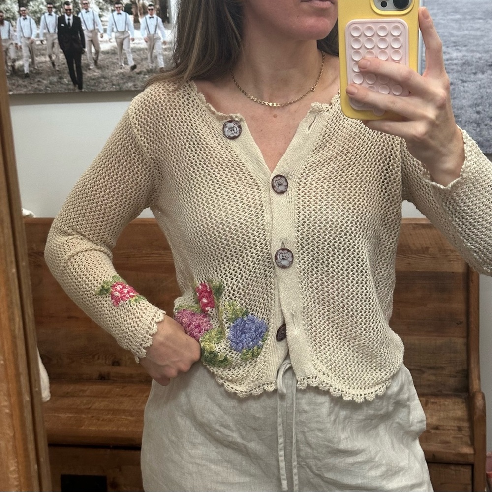 Vintage Cream Knit Cardigan with Floral Embroidery